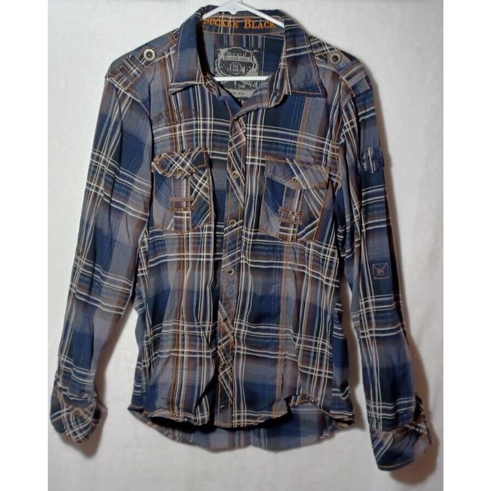 Buckle Black Label Plaid Button Up Long Sleeve Western Shirt Men Large Blue EUC